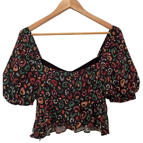 FARM Rio Orange and Black Puff Sleeve Peplum Blouse - Picture 5 of 7